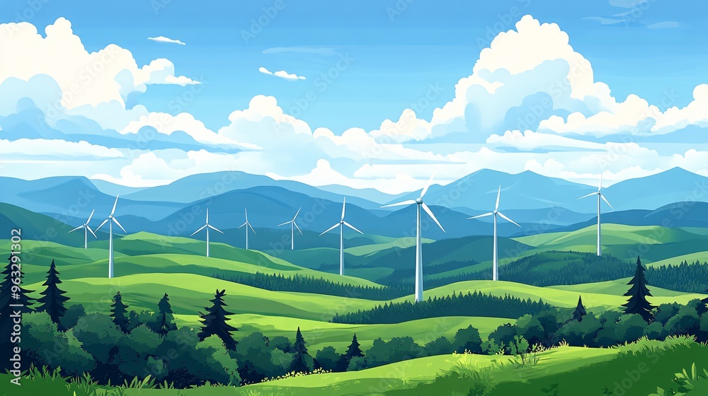 Aufkleber wind turbines creating renewable energy on sunny day flat design vector look digital art large space