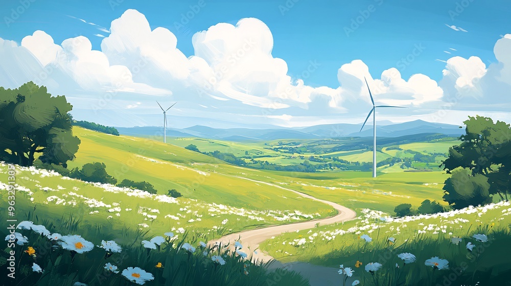 Aufkleber Wind turbines creating renewable energy on sunny day Flat design Vector look Digital art Large space for text in center Stock Photo with copy space