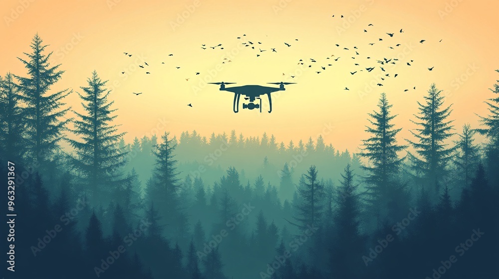 Poster Drone reforesting a large area with seed dispersal Flat design Vector look Digital art Large space for text in center Stock Photo with copy space