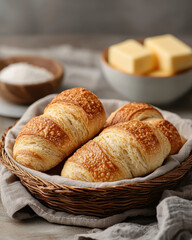 Fototapeta premium Freshly baked croissants in a woven basket, accompanied by butter and salt for a delightful breakfast experience.