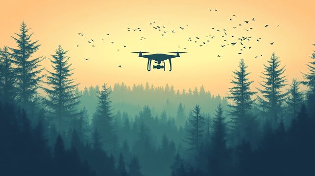 Drone reforesting a large area with seed dispersal Flat design Vector look Digital art Large space for text in center Stock Photo with copy space
