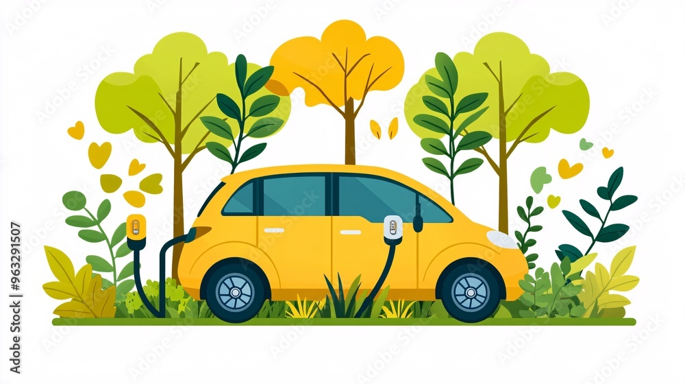 Poster electric vehicles at charging station powered by renewable energy flat design vector look digital ar
