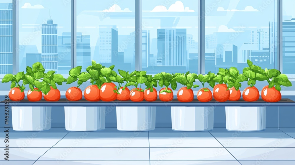Poster city rooftop garden with automated smart farm system flat design vector look digital art large space