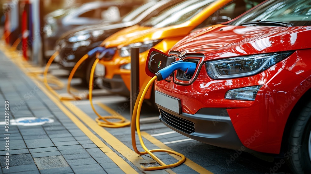 Poster electric vehicles at charging station powered by renewable energy flat design vector look digital ar