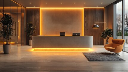 A minimalist enquiry desk with soft, warm lighting in a cozy, modern office.