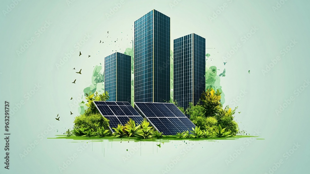 Aufkleber green skyscraper with solar panels and plants flat design vector look digital art large space for te