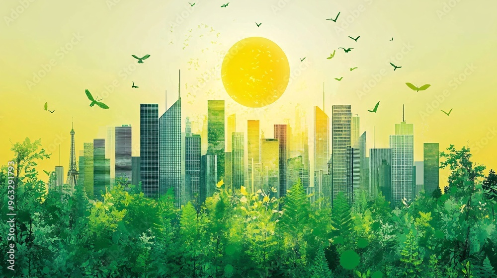 Poster green skyscraper with solar panels and plants flat design vector look digital art large space for te