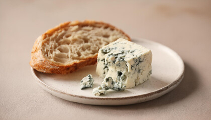 Piece of Roquefort cheese on white ceramic plate, crusty bread, stone table. Tasty and organic food