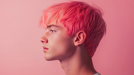 A vibrant pink-haired young man in profile view, paired with a soft pastel-colored background, merging modern fashion with subtle tones.