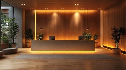 A minimalist office reception with warm, natural colors and soft, inviting lighting.