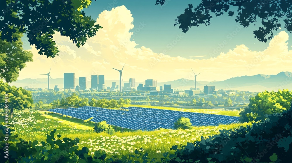 Poster Wind turbines in the background of a solar farm Flat design Vector look Digital art Large space for text in center Stock Photo with copy space