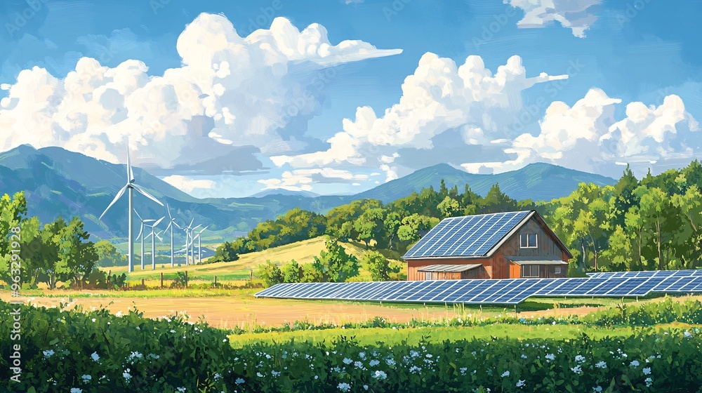 Aufkleber Wind turbines in the background of a solar farm Flat design Vector look Digital art Large space for text in center Stock Photo with copy space