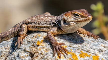 Naklejka premium Close-up of a lizard's clawed foot on a rock with yellow lichen. the lizard's scales are visible in detail.