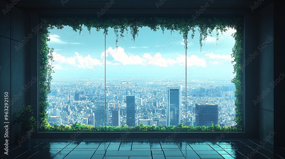 Poster futuristic cityscape with green buildings and urban farms flat design vector look digital art large 