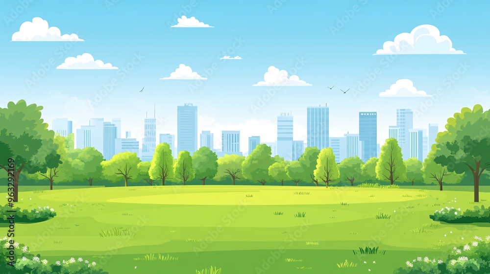 Poster futuristic cityscape with green buildings and urban farms flat design vector look digital art large 
