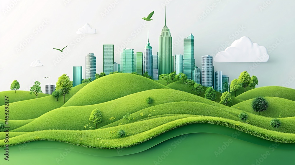 Poster futuristic cityscape with green buildings and urban farms flat design vector look digital art large 