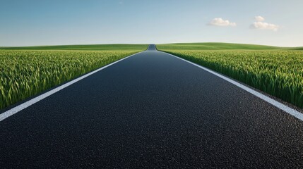 Obraz premium A scenic road stretches into the horizon, surrounded by lush green fields under a clear blue sky. Perfect for travel and adventure themes.
