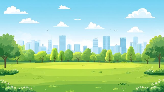 Futuristic cityscape with green buildings and urban farms Flat design Vector look Digital art Large space for text in center Stock Photo with copy space
