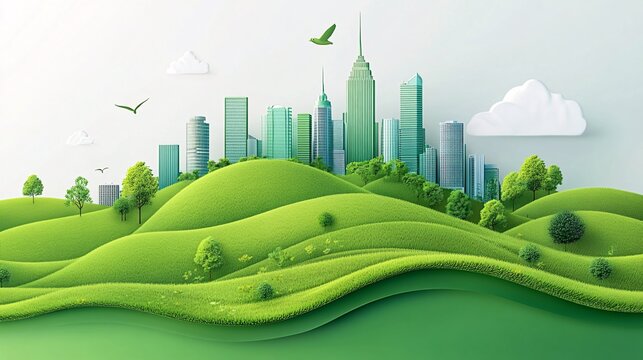 Futuristic cityscape with green buildings and urban farms Flat design Vector look Digital art Large space for text in center Stock Photo with copy space