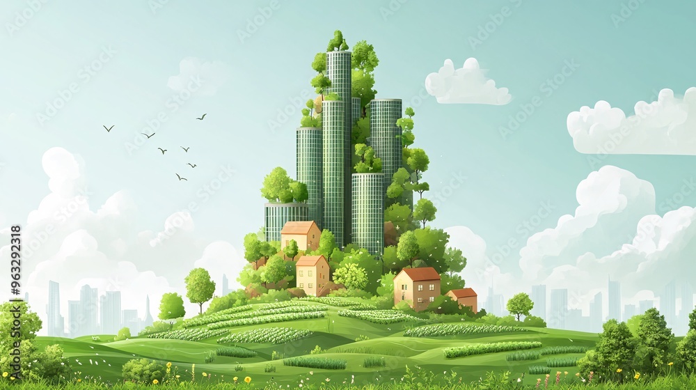 Poster Vertical farming towers with automated irrigation system Flat design Vector look Digital art Large space for text in center Stock Photo with copy space