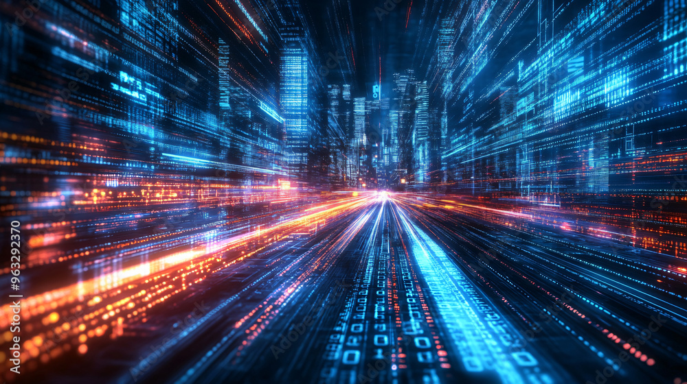 Poster Futuristic city with data flowing in abstract 3d illustration against a dark backdrop