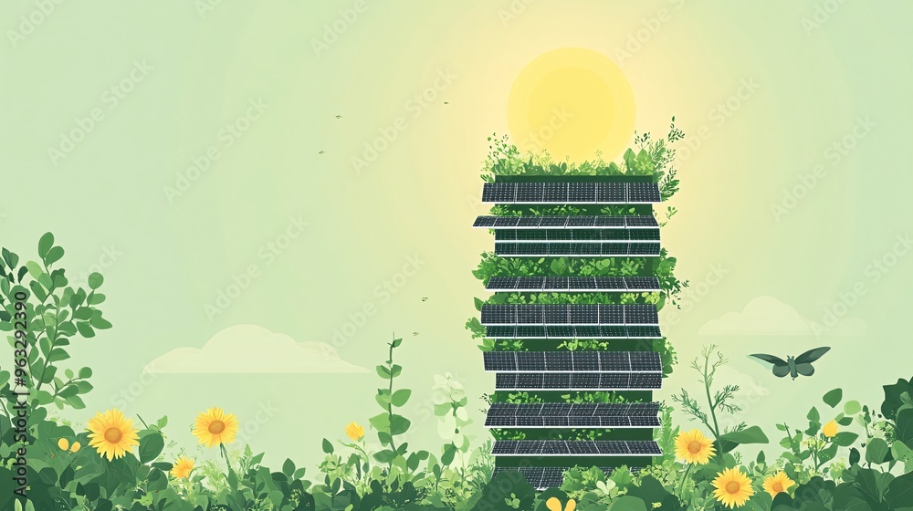 Poster Vertical farming towers with automated irrigation system Flat design Vector look Digital art Large space for text in center Stock Photo with copy space
