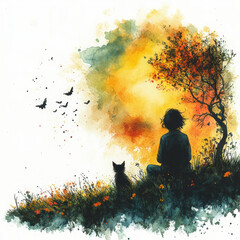 Girl and Cat at Sunset.