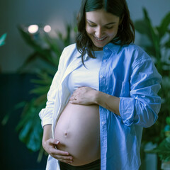 Portrait of a happy pregnant girl with a radiant smile, gently holding her belly. Ideal for showcasing the beauty of motherhood, pregnancy journeys, and family-related themes.