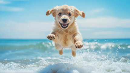 Happy Golden Retriever Puppy Jumping In Ocean Waves.