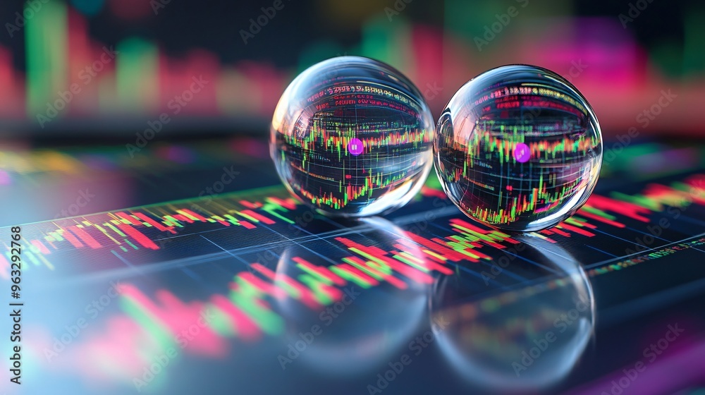 Poster Money in bubbles about to burst on top of a financial stock market chart Large space for text in center Stock Photo with copy space