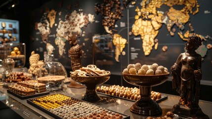 A display of chocolates from different countries is presented in a museum with world map on the wall