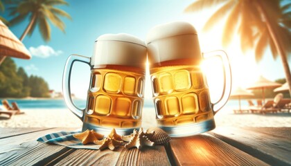 Two large beer mugs clinking on a table at the beach, with palm trees and the sea in the background, summer heat, foam, outdoors, blue sky