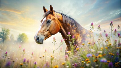 Double exposure image of a horse combined with wildflowers, innovative, art, creative, blending, nature, animal