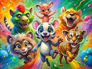 Vibrant and colorful animated animal characters in cartoon painting style with bold brush strokes and textures featuring dynamic poses emphasizing action and energy concept.