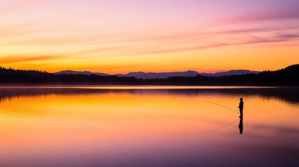 Fototapeta premium Silhouette of Fisherman Casting Line at Sunset Over Serene Lake 
