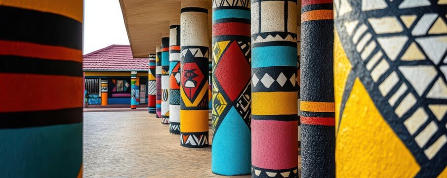Traditional Ndebele painted houses with geometric patterns  captured in a vibrant