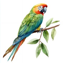 Watercolor illustration of a green and red parrot perched on a branch with green leaves.