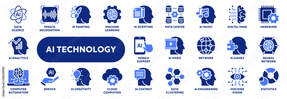 Wall mural set of vector solid icons related to artificial intelligence, machine learning, data science and ana