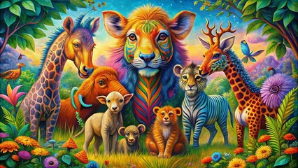 Naklejka premium Vibrant Bright Colorful Animal Family Painting Mood