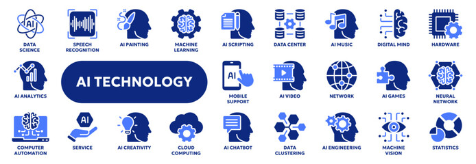 Set of vector solid icons related to artificial intelligence, machine learning, data science and analytics. Symbols for website or app ui, logo design, illustration