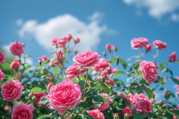Fototapeta premium A vibrant display of pink roses against a bright blue sky.