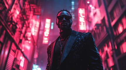 Modern vampire in urban setting, stylish black attire, neon city lights, blending ancient and contemporary themes