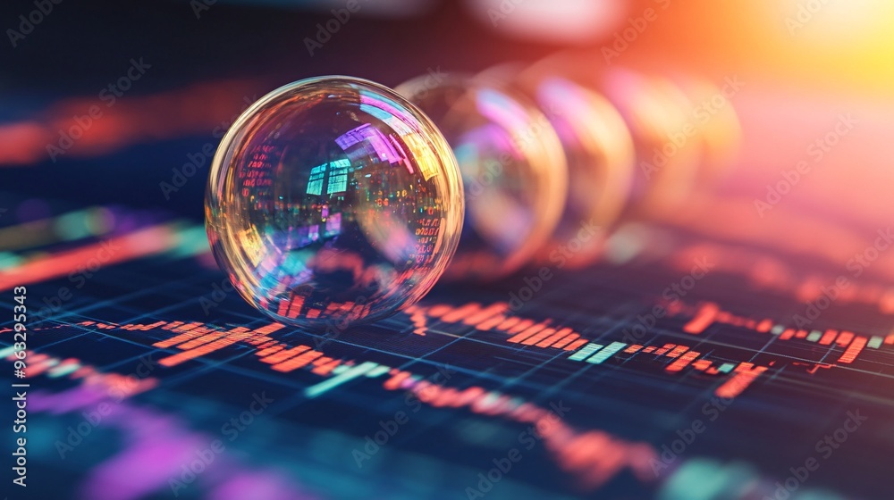 Poster Currency encased in bubbles hovering over a financial stock market graph Large space for text in center Stock Photo with copy space