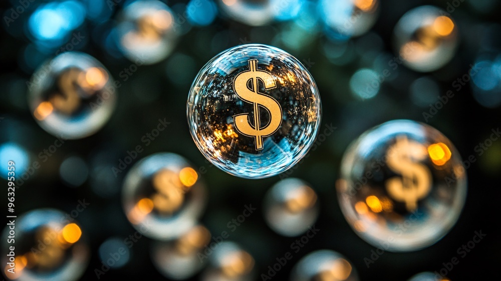 Poster Bubbles containing money floating against a dark sky and financial market graph Large space for text in center Stock Photo with copy space