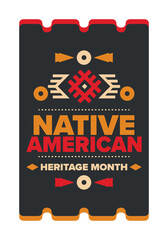 Native American Heritage Month in November. American Indian culture. Celebrate annual in United States. Tradition pattern. Poster, card, banner and background. Vector ornament, illustration