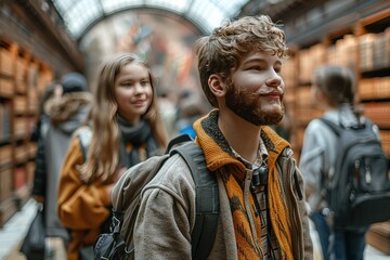 Fototapeta premium A man with a beard and a backpack is smiling at the camera