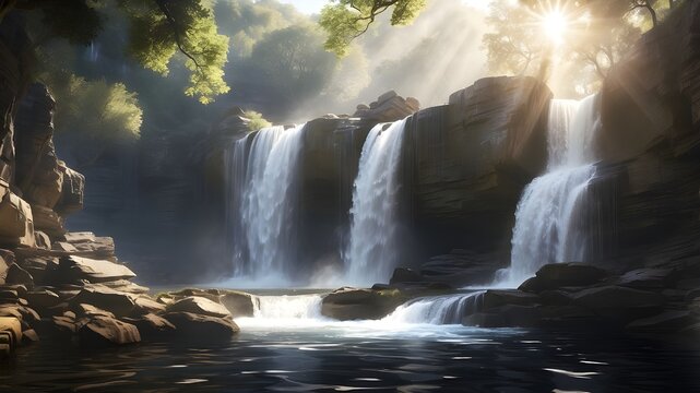 A wide waterfall cascading over a rocky ledge, with sunlight creating shimmering reflections on the water's surface. --ar 3:2 --v 4