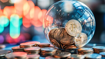Floating bubbles with coins inside over a financial market backdrop Large space for text in center Stock Photo with copy space