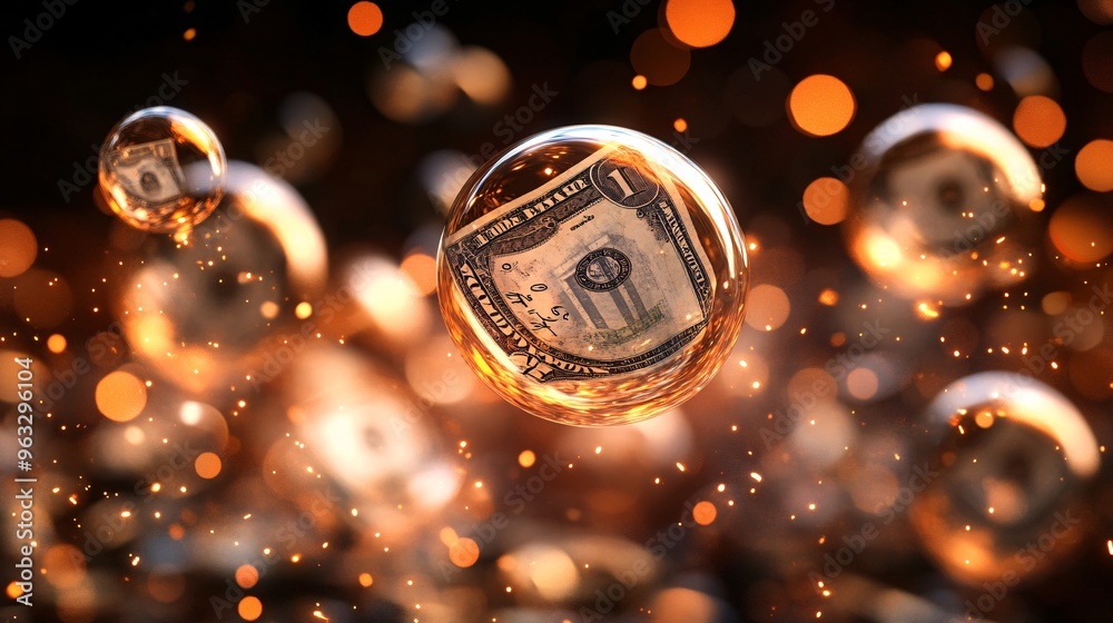 Poster Money inside shimmering bubbles floating in an uncertain financial market Large space for text in center Stock Photo with copy space