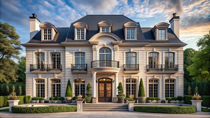 Fototapeta premium Timeless Elegance with French Influences: Mansard roofs, arched windows, elegant balustrades